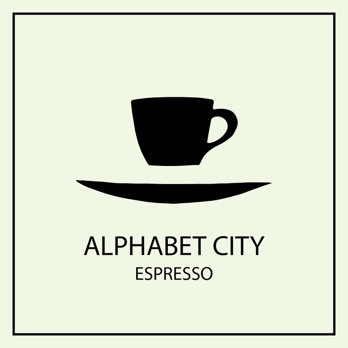 Floating cup and saucer logo with Alphabet City Espresso coffee avatar.